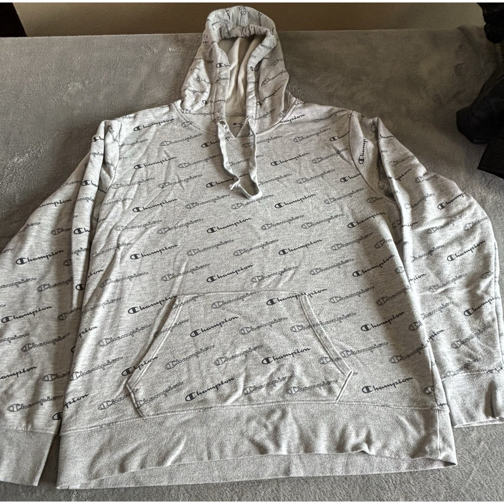 Champion All Over Logo Hoodie‎ Pullover Men’s Large Grey Athletic Wear